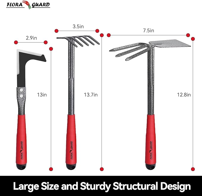 FLORA GUARD Garden Tool Set, 6-Piece Heavy Duty Gardening Hand Tools with Soft Rubber Handle, Includes Trowel, Rake, 2-in-1 Hoe & Crack Weeder, Durable Yard Tools, Ideal Gardening Gift for Men & Women