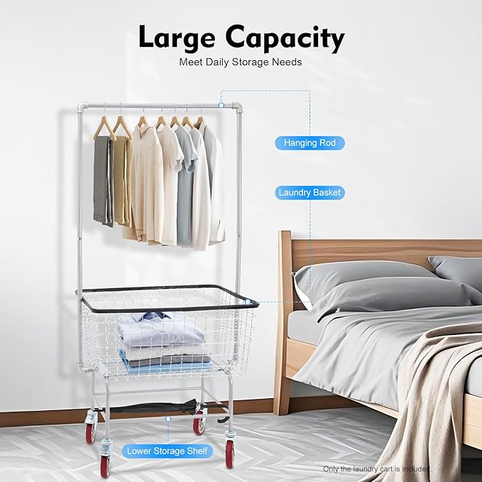 TFCFL Heavy Duty Wire Laundry Cart with Double Pole Rack, 2.5 Bushel Wire Laundry Basket with Wheels, Commercial Rolling Laundry Basket 110lbs Capacity, Steel Basket for Laundry Clothes Storage