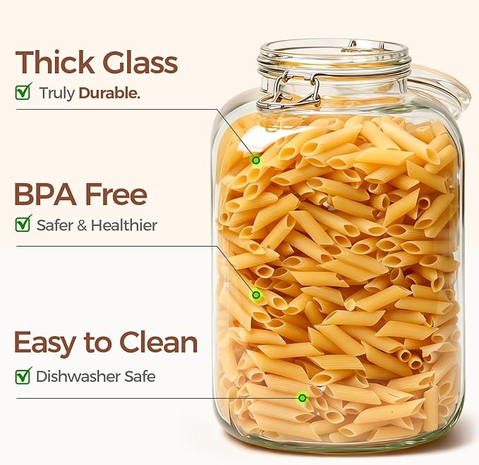 ComSaf Rice Container 5L, Flour Sugar Storage Containers, Glass Jars with Airtight Lid, 1.3 Gallon Mason Jar, Large Storage Containers with Lids for Pickled Egg, Pasta, Cereal, Beans, Set of 2