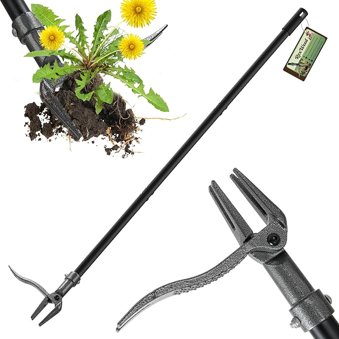 Weed Puller, Stand Up Weed Puller Tool with Steel Long Handle & 4-Claw Steel Head, 46" Adjustable Handle Weeder Tool, Easily Remove Weeds Root Without Bending, Pulling, or Kneeling