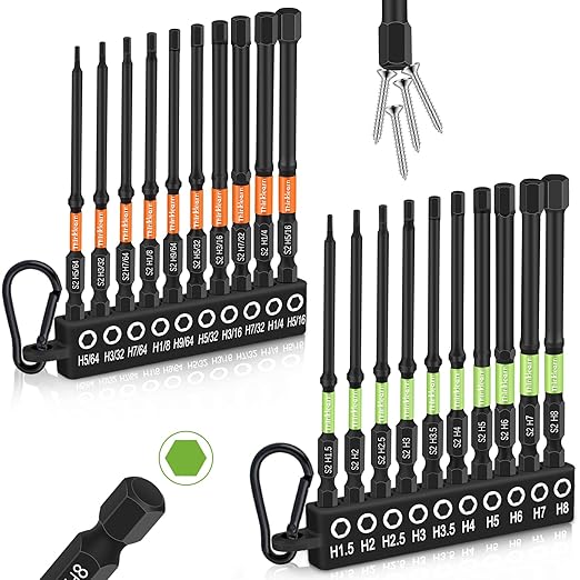 Allen Wrench Drill Bit Set for Impact Drivers, 20PCS Hex Bit Set (Metric&SAE), 4" Long Allen Wrench Drill Sets, 1/4" Hex-Shank S2 Steel Head with Quick Release Bits, CNC Machined Tips with Magnetism