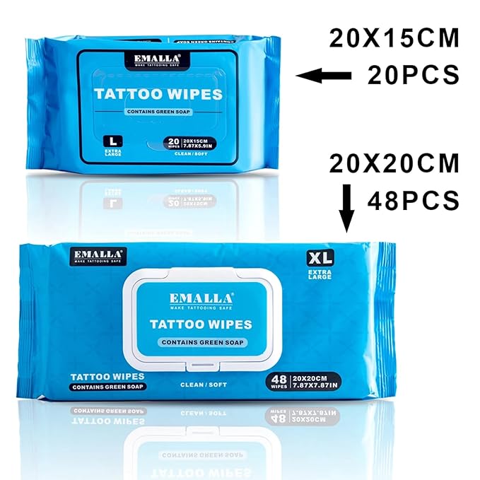 Emalla Green Soap Tattoo Wipes, 48 Count XL All in One Premium Cleaning Wipes to Clean Skin During Tattooing and Aftercare 7.87"x7.87" Natural Formula Tattoo Supplies
