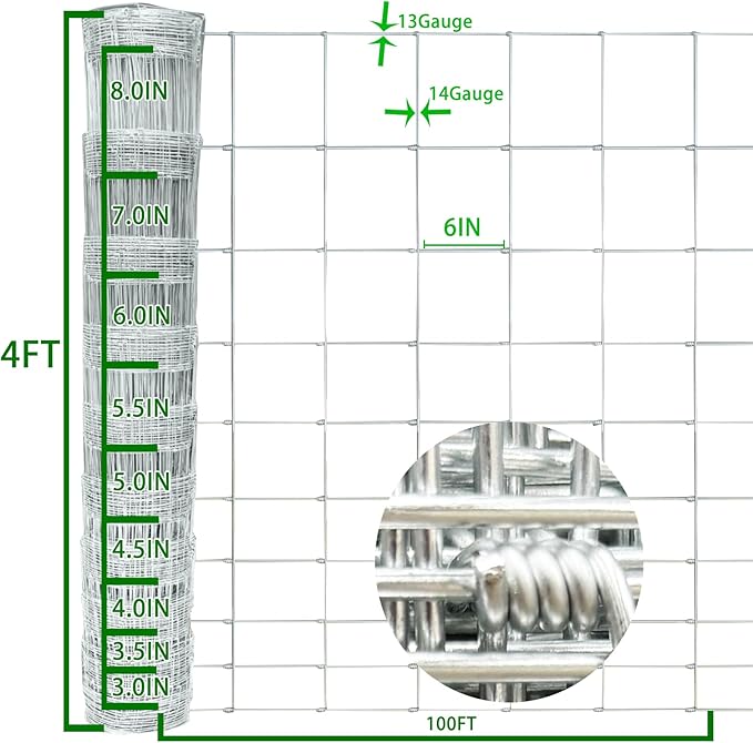 Farm Fence 4ft x100ft, 13GA Thickened Heavy Zinc Coating Cattle Fence, Galvanized Field Wire Fencing, for Garden, Goat, Hog, Yard Livestock, Farm, Animals and Field Protection Use