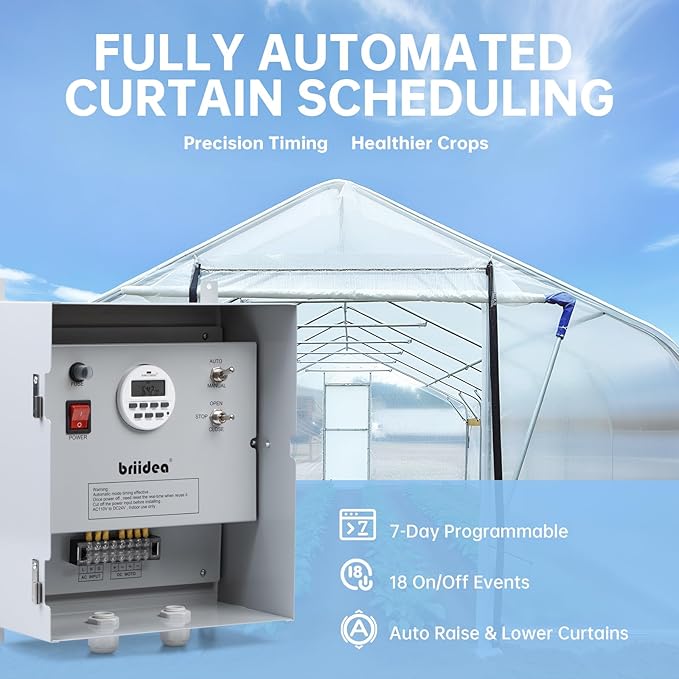 Briidea Greenhouse Roll Up Motor Timer Controller, 7-Day Programmable, AC110V to DC24V Transformer, Auto/Manual Modes, Dual Output for Side & Roof Curtain Film Roll-Up, IP65 Waterproof