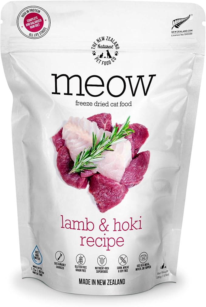 The New Zealand Natural Pet Food Co. Meow Freeze Dried Cat Food - Lamb & Hoki Recipe, High Protein Treats, Meals & Toppers, Dry Cat Food, 9.9 oz