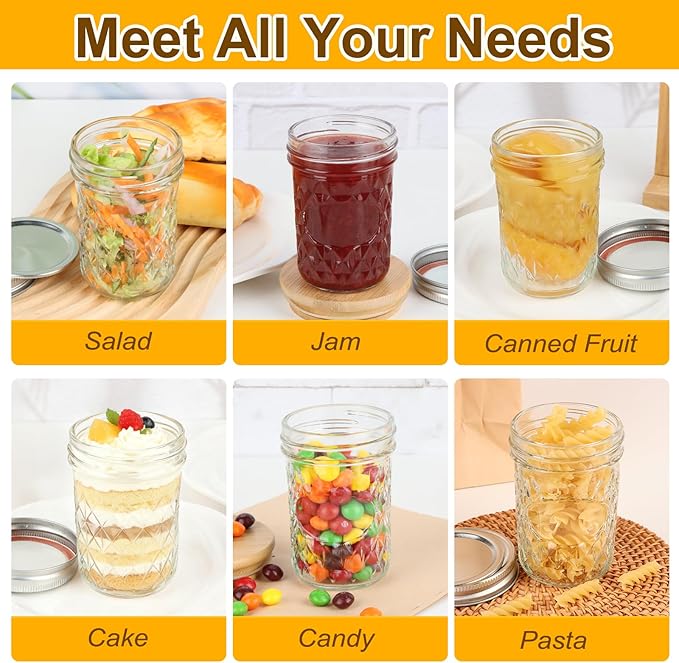 24 Pack Mason Jars 8 oz with Regular Lids and Bands, Half Pint Canning Jars, Small Glass Jars for Honey Jelly Jam Crafts