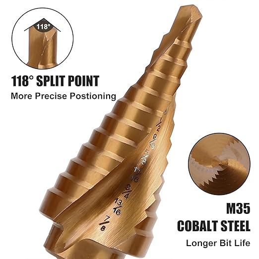 COMOWARE 3PCS M35 Cobalt Step Drill Bit Set with 1/4" Hex Shank, Automatic Center Punch, Two-Flute Impact Design, Ideal for Metal, Stainless Steel, Wood, Plastic