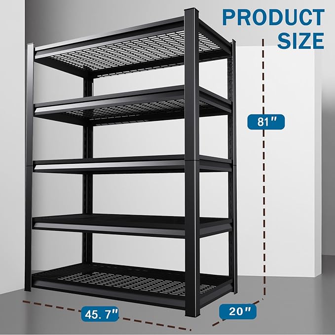 81''H/45''W Garage Shelving Heavy Duty 5-Tier Adjustable Storage Shelves Unit,3000 LBS Metal Utility Rack Shelf for Industries, Warehouses, Basement,Black (81'H x 45.7''W x 21''D)