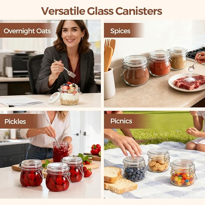 ComSaf Airtight Glass Jars with Lids 17oz Small Food Storage Container Set of 6 - Airtight Canister with Clear Preserving Seal Wire Clip Fastening for Kitchen Canning Pickling Mason jars