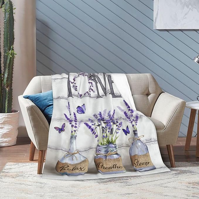 Farmhouse Floral Blanket for Women Girls Ultra Soft Cozy Lavender Flower Throw Blanket Fleece Fuzzy Plush Bedding Blanket Purple Flower Gifts for Women Girls Kids Adults Couch Sofa 60"x50"