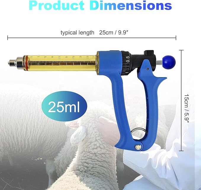 25ML Semi Automatic Livestock Syringe, with Extra 3 Colored Piston Rod Knobs, Adjustable Continuous Repeating Luer Lock Syringe for Cattle Cow Goat Sheep Pig