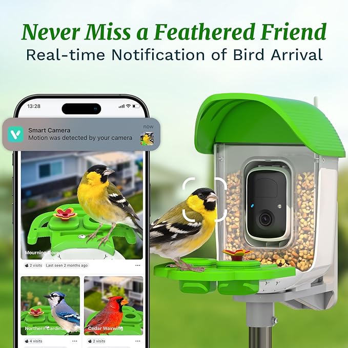 Smart Bird Feeder with Camera Solar Powered, AI Identify 11000+ Birds Species,2K Video Bird Feeder for Outdoors Garden,1L Large Capacity, for Birdlover,Green