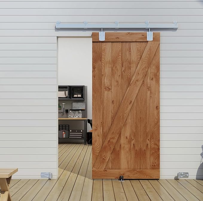 JUBEST 5FT Box Rail Exterior Barn Door Hardware Kit, Heavy-Duty Silver Sliding Barn Door Track System, Wall Mount Door Hardware Kits (Door Not Included)