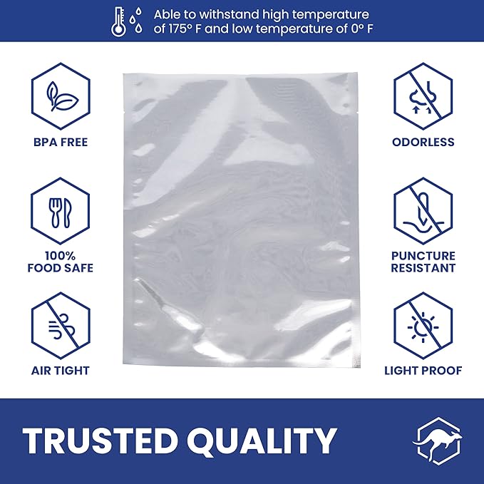 Wallaby 100ct Multi-Size Mylar Bags, 400cc Oxygen Absorbers, 10 Mil Thickness, 1-Gal 10x14, 1-Qt 8x12, 1/2-Pt 6x8, Heat-Sealable, Airtight, Flat, Silver, for Long-Term Food Storage.