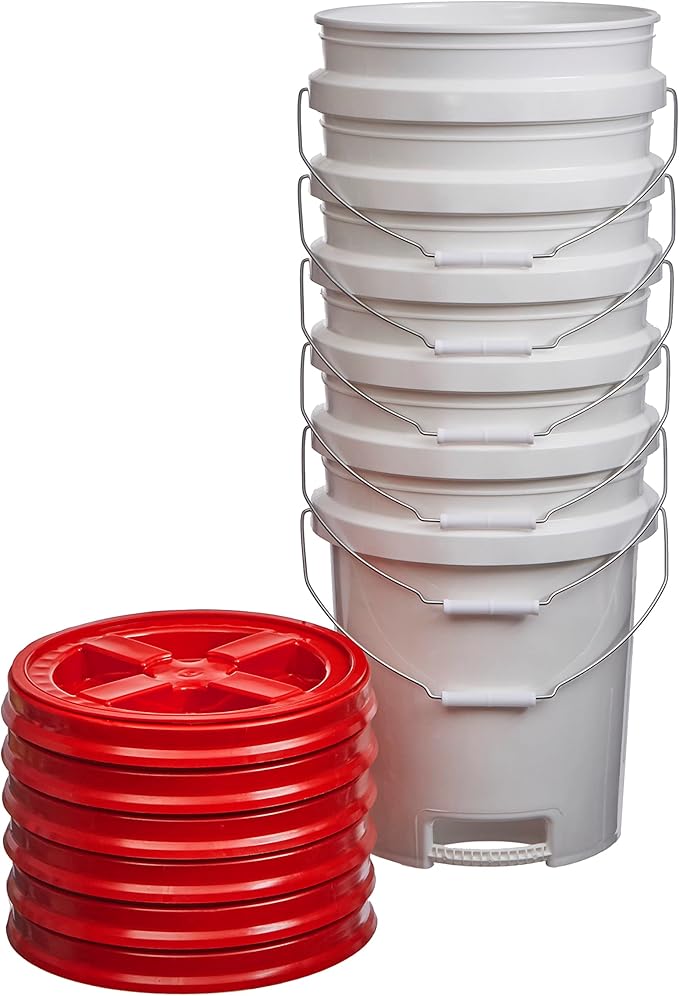 Consolidated Plastics 5 Gallon White Food Grade Buckets with Bottom Grip Handle & Gamma Seal Lids, BPA Free Container Storage, Durable HDPE Pails, Made in USA (6 Pack, Red Lids)
