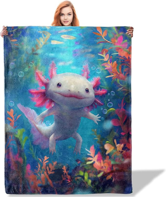 Cute Axolotl Throw Blanket 60"x80", Underwater Scene Blankets for Kids Room Decor, Soft Flannel Polyester Warm Cozy Axolotl Gifts for Kids