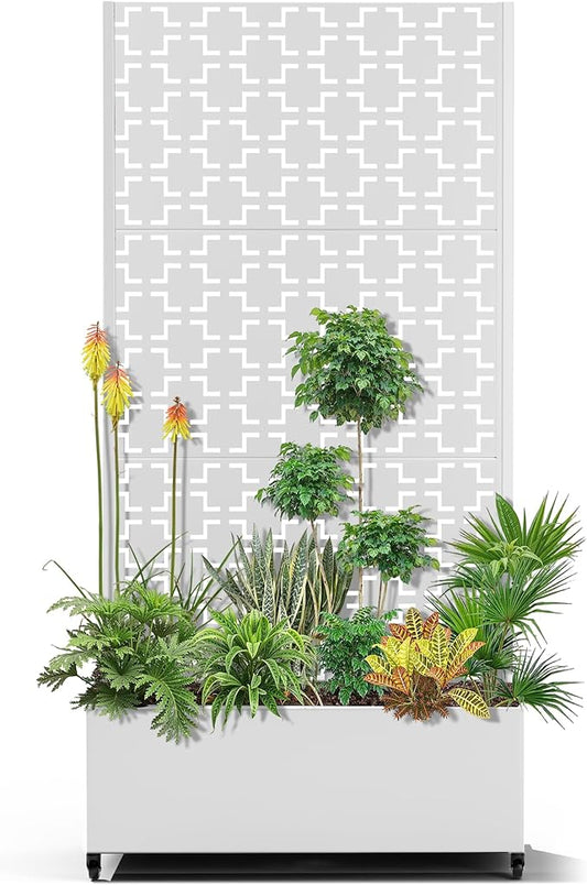 15.7"×70.9"×35.4" Metal Raised Garden Bed with Trellis and Wheels - Tall Trellis Planter Box for Climbing Plants, Vegetables & Vines - Outdoor Privacy Planters for Patio (White-Square)