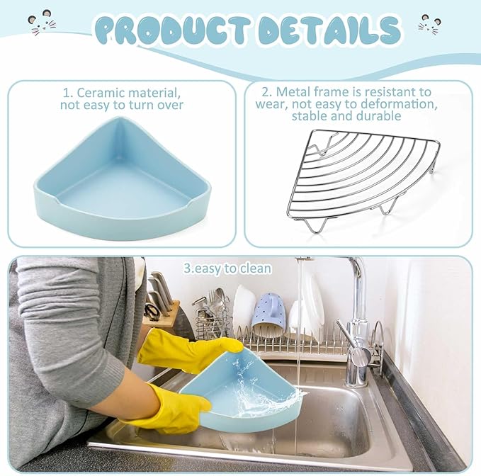 Eccliy Ceramic Corner Litter Box for Small Pets, Tip-Proof, Chew-Resistant, Triangle Potty Trainer Pet Pan for Ferret, Guinea Pig, Rat, Bunny, Chinchilla, Hedgehog, Sugar Glider, Hamster(Sky Blue)