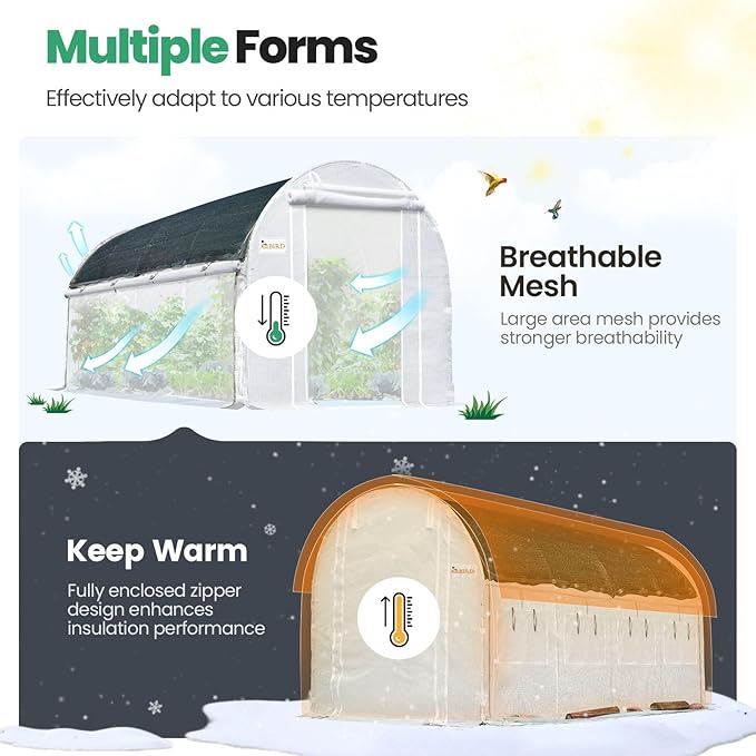 KING BIRD Premium 15x6.6x6.6FT Greenhouse for Outdoors, Large Walk-in Heavy Duty Galvanized Steel Frame, Mesh Door Screen Window Tunnel Hoop Garden Plant Winter Hot House, Side Screen Mesh, White