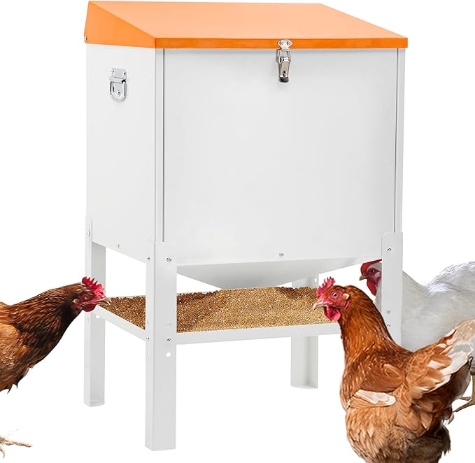 Chicken Feeder, 50LBS Capacity Metal Poultry Feeder (16” x 12.5” x 24.5”) for 10 Chickens, Powder-Coated Steel Feeder w/Waterproof Lid and Stainless Handles