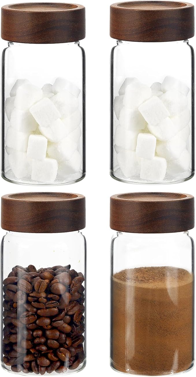 Small Glass Jars with Airtight Lid Clear Coffee Ground Storage Canister Wooden Lid Round Glass Spice Jar for Pantry Sugar Tea Bean Nuts Cookies Bath Salts (4×250ml(8.4oz))