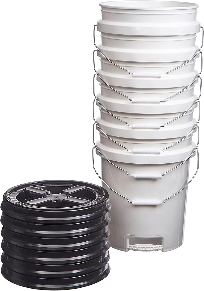 Consolidated Plastics 5 Gallon White Food Grade Buckets with Bottom Grip Handle & Gamma Seal Lids, BPA Free Container Storage, Durable HDPE Pails, Made in USA (6 Pack, Black Lids)