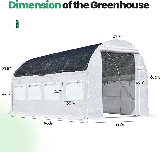 KING BIRD Premium 15x6.6x6.6FT Greenhouse for Outdoors, Large Walk-in Heavy Duty Galvanized Steel Frame, Mesh Door Screen Window Tunnel Hoop Garden Plant Winter Hot House, Side Screen Mesh, White