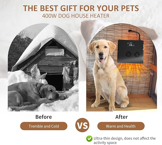 Briidea 400W Dog House Heater with PTC Rapid Heating (3 Seconds), 32℉-122℉ Temperature Range, 11.5FT Anti-Chew Cord, Heats Up to 120 Cubic Feet Dog Houses, Chicken Coops & Rabbit Cages