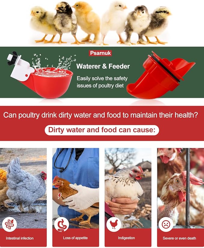Chicken Feeder and Waterer Set, 8 Pack Chicken Waterer Cups and 4 Pack Chicken Feeders, DIY Automatic Large Chicken Water Feeder, Applicable to Ducks, Chicks, Other Various Poultry with Matching Drill