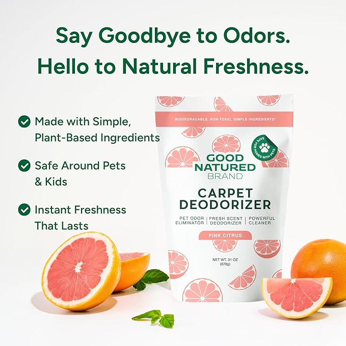 Good Natured Brand | Carpet Deodorizer & Freshener Powder | 31 oz Pet Odor Eliminator for Strong Odor & Pet Urine | Fresh Natural Pink Citrus Scent | Safe for Homes with Pets