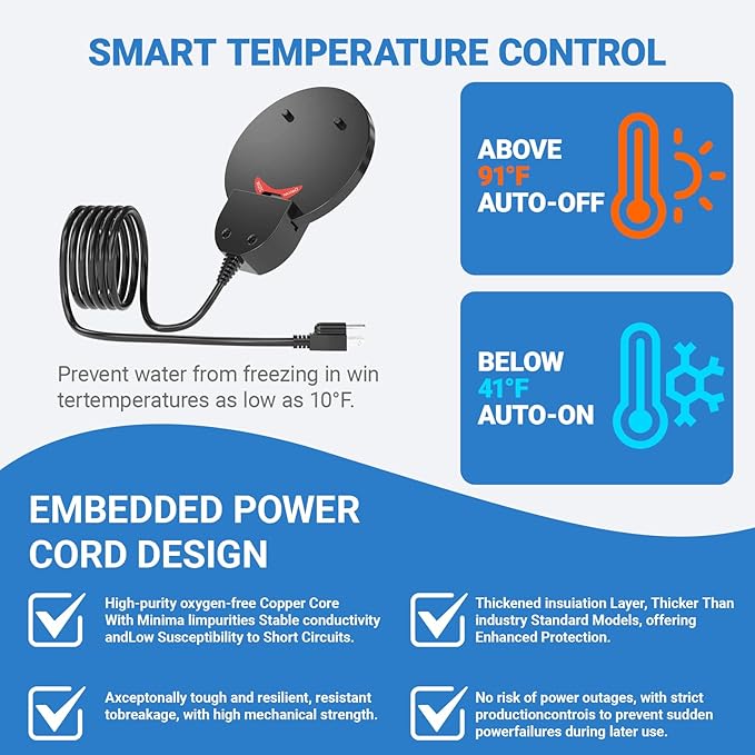 250W Thermostatic Chicken Water Heater - Cast Aluminum Farm Trough & Bird Bath Heater for Livestock, Poultry & Wildlife - 10ft Cable (Rdkecho-01)