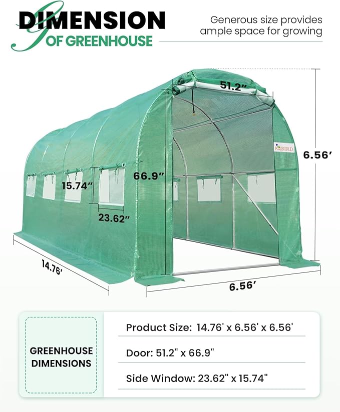 KING BIRD Premium 15x6.6x6.6FT Greenhouse for Outdoors, Large Walk-in Heavy Duty Galvanized Steel Frame, Mesh Door Screen Window Tunnel Hoop Garden Plant Winter Hot House, with Watering Kits, Green
