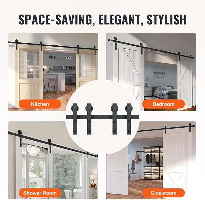 Sliding Barn Door Hardware Kit, VEVOR 8FT 330LBS Heavy Duty Barn Door Track Kit for Double Doors, Fit 3.7-4.3FT Total Wide and 1.3"-1.8" Thick 2 Door Panel, with Smooth & Silent Pulley