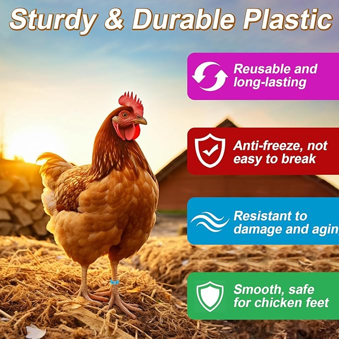 100 Pcs Adjustable Chicken Leg Rings, Multicolor Numbered Chicken Identification Leg Bands, Durable Poultry Leg Bands for Chickens Turkey Goose Ducks