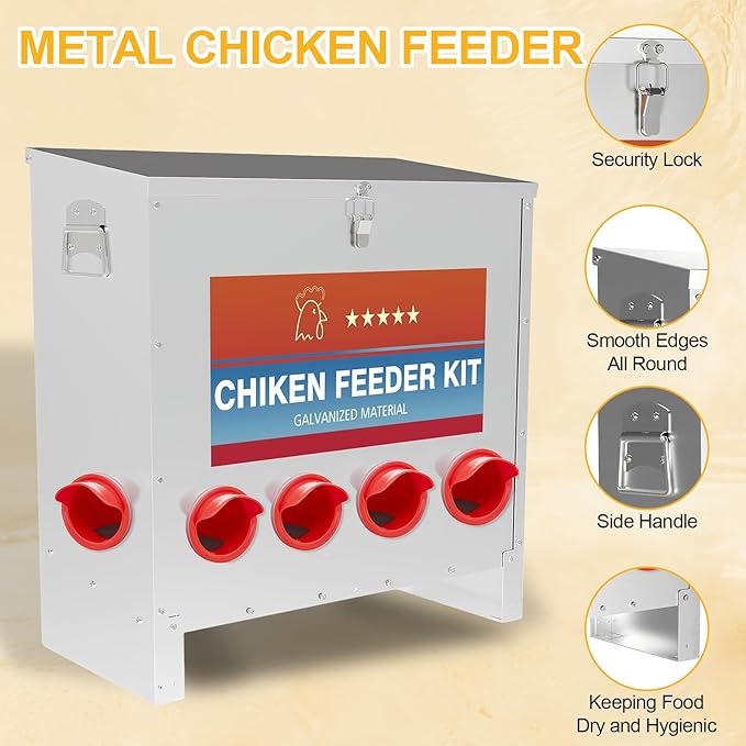 Automatic Chicken Feeder Large Capacity 85lbs Metal Chicken Feeder with Latch & Handle for Chickens, Geese, Ducks, Turkeys, Quails, Weatherproof (6-Port)