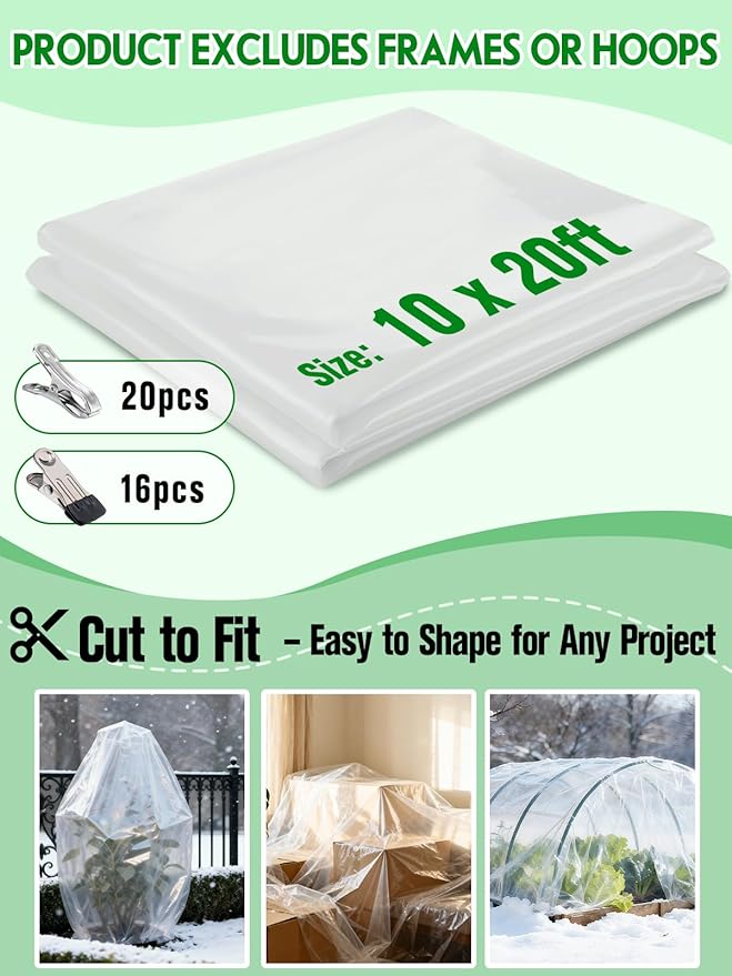 Alphatool 10 x 20ft Plant Covers Freeze Protection with 36 Clips - Greenhouse Plastic Sheeting, Frost Cloth Row Cover for Outdoor Garden Plants Winter Vegetables Crops