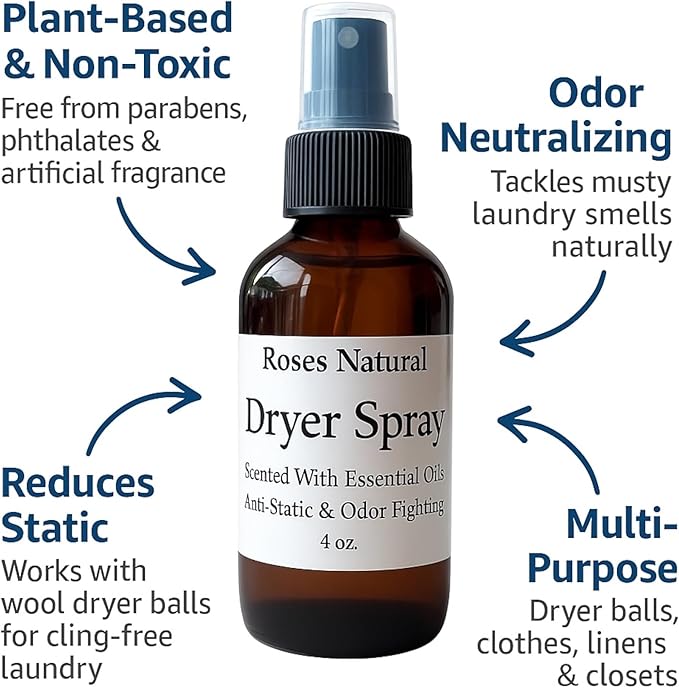 Natural Dryer Ball Spray, 4 oz, Patchouli, Lavender,Essential Oil Laundry Refresher, Fabric Freshener for Clothes, Linens & Wool, Anti-Static & Odor Neutralizer, Made in the USA (Amber Brown)