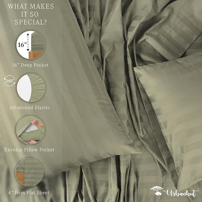 URBANHUT 1000 Thread Count Damask Striped Queen Size Egyptian Cotton Sheets, Long Staple Soft & Breathable, 4 Pc Bed Sheet Sets, Luxury Hotel Sateen Sheets Fits 16" Deep Pocket - Sage