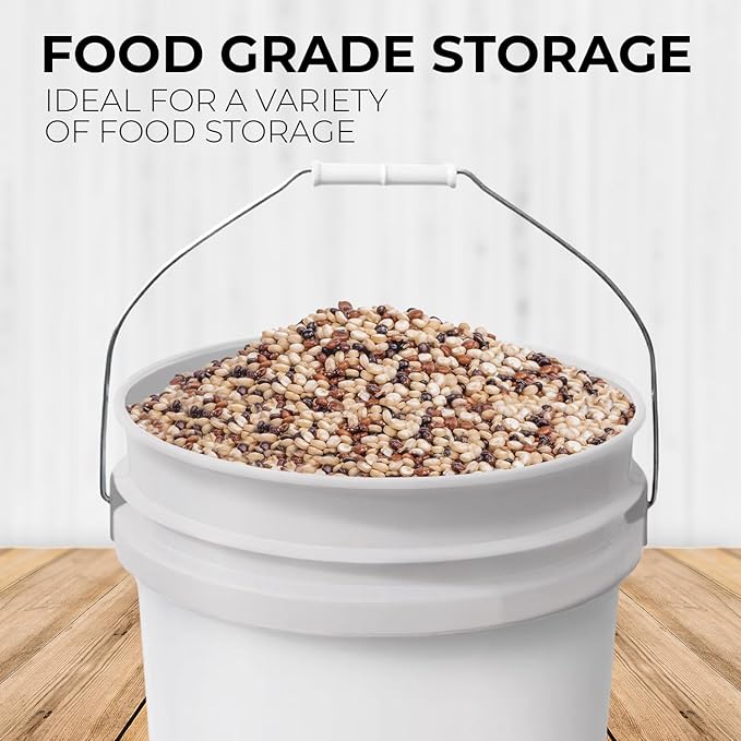 3.5-Gallon White Bucket Pail with Gamma Seal Screw on Airtight Lid, Heavy-Duty 90MIL Extra Durable, Food Grade, Metal Handles with Plastic Grip for Easy Carrying, Easy Stack & Store, BPA Free - 3 Pack
