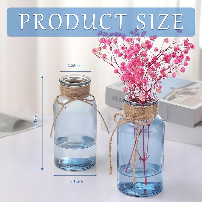 Blue Glass Flower Vases for Centerpieces Set of 12, Mason Jars Boho Cylinder Bud Vases in Bulk, for Weddings Parties Vintage Home Decor