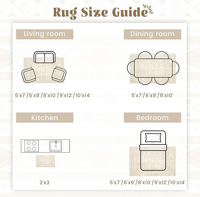 Living Room Rugs 9x12: Washable Moroccan Geometric Boho Rug Farmhouse Non Slip Stain Resistant Large Rug Low Pile Soft Carpet for Bedroom Dining Room Children Room (Beige,9'x12')