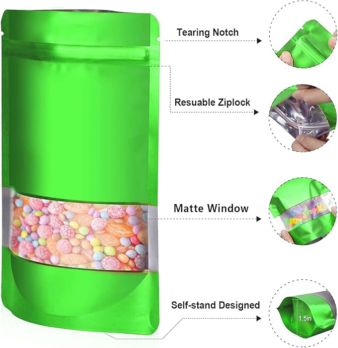 4"x6" 120pcs Mylar Bags for Food Storage,Smell Proof Bag with Matte Window Resealable Food Storage Bags for Small Business, Stand-up Foil Pouch Packaging Freeze Dried Candy Bag（Green）