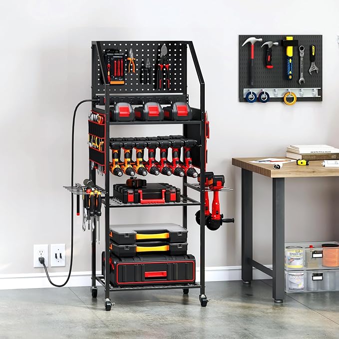 TC-HOMENY Power Tool Organizer Cart with 8 Outlets Charging Power Station, 24 Large Drill Tool Storage Racks with Wheels for Garage, Heavy Duty Tools Organizer Station, Festival Gifts for Men Dads