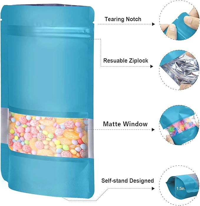 3.5"x5" 120pcs Mylar Bags for Food Storage,Smell Proof Bag with Matte Window Resealable Food Storage Bags for Small Business, Stand-up Foil Pouch Packaging Freeze Dried Candy Bag(Blue)
