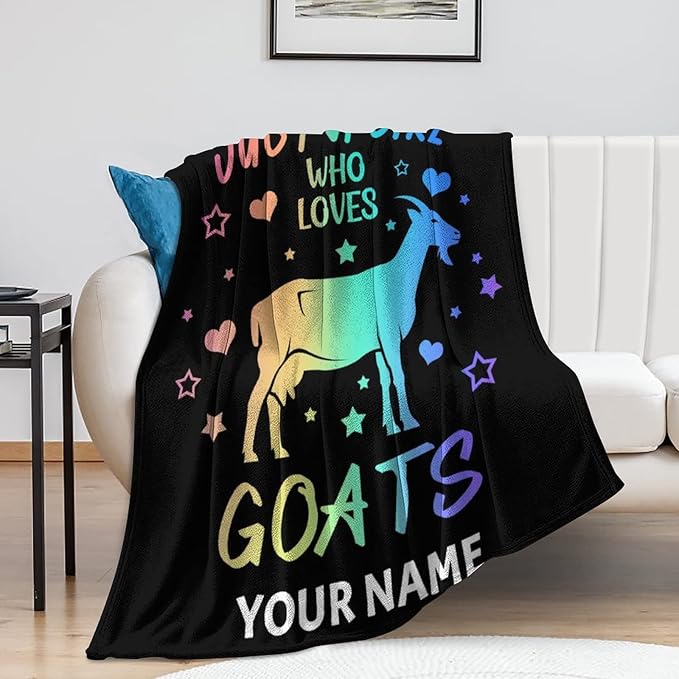 Custom Goat Blanket for Girls - 60x80 Inches Twin Size with Name - Soft Fuzzy Plush Throws Gift - Black Funny Throw Blanket for Bed, Couch, Living Room