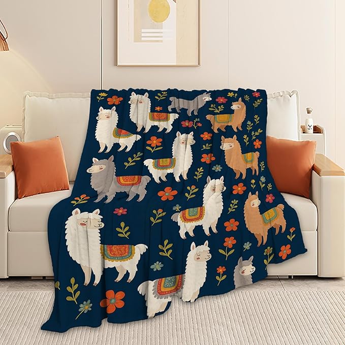 Llama Blanket, Alpaca Throw Blanket, Flower Gifts Blankets Stuff Fleece Flannel Plush for Girls Women Men Boys Lovers Adults Soft Bedding Gift for Sofa Bed Office Home Decor 80"x60"