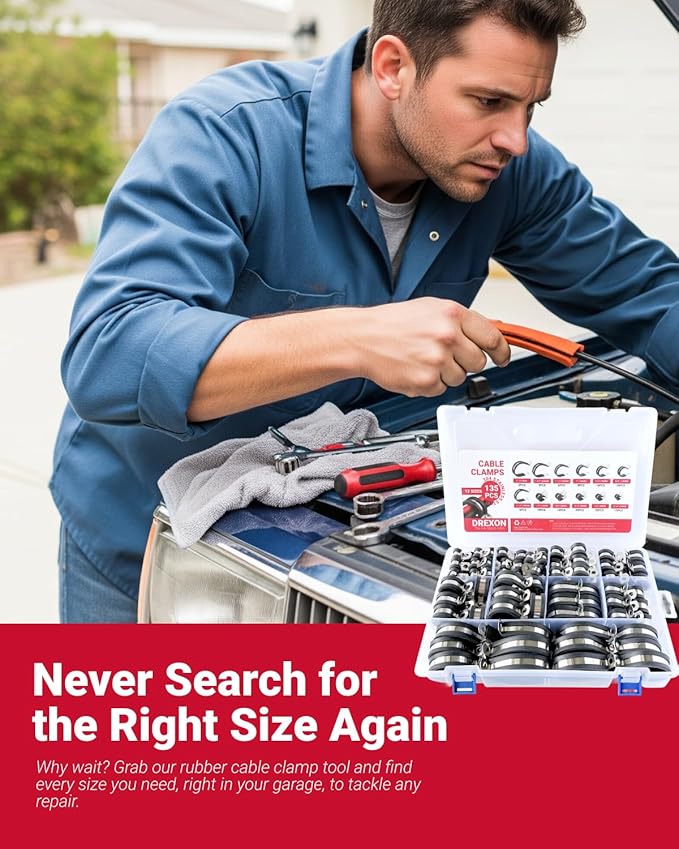 125PCS Cable Clamps Assortments Kit, 10 Sizes from small hose clamps 1/4", 3/8" to 5/8" & 1-3/4" large Stainless Steel Rubber Coated Insulated Cable Clamps for Metal Wire, Cable, Pipe, Hose,Fuel line