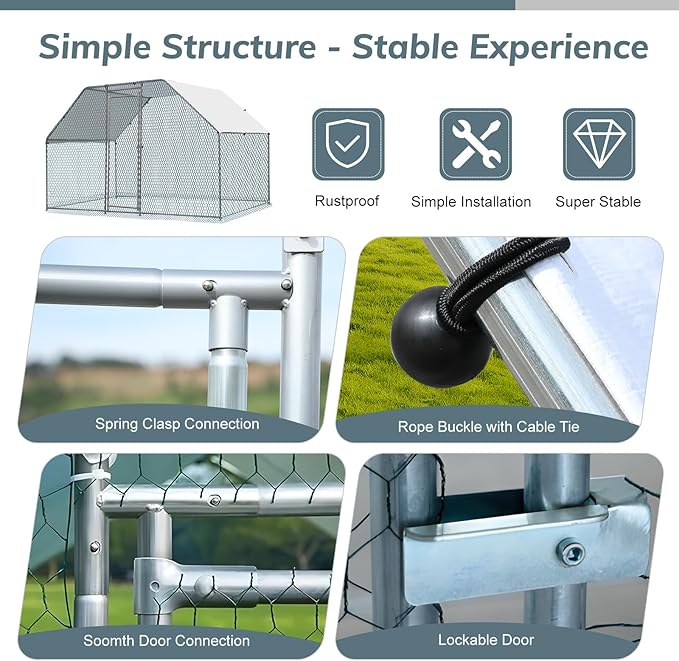 VINGLI Chicken Coop, Large Metal Poultry Cage for Chicken Run, Walk-in Chicken Pen with Waterproof & Anti-UV Cover Outdoor (Silver-Flat Roof, 13.1 * 9.8 * 6.5 ft)