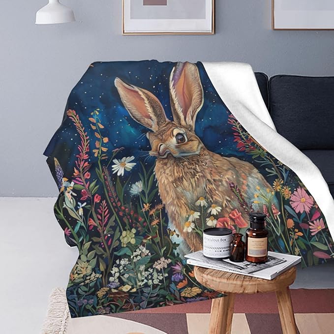 Bunny Throw Blanket Cute Rabbit Floral Decor Blanket Super Cozy Plush Lightweight Soft Plush Flannel Fleece Jungle Animal Forest Blanket Gifts for Girls Boys Kids Women Men for Sofa Bed Couch 50"X60"