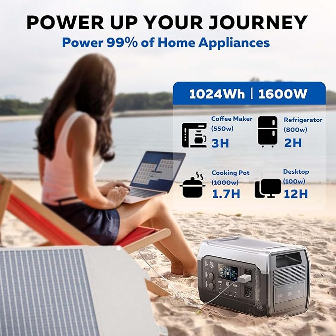 Portable Power Station with 100W Solar Panel,1024Wh LiFePO4 Battery, 1600W AC Outlets (2600W Surge),Solar Generator for Outdoor Camping Outages RV Travel Home Backup Power